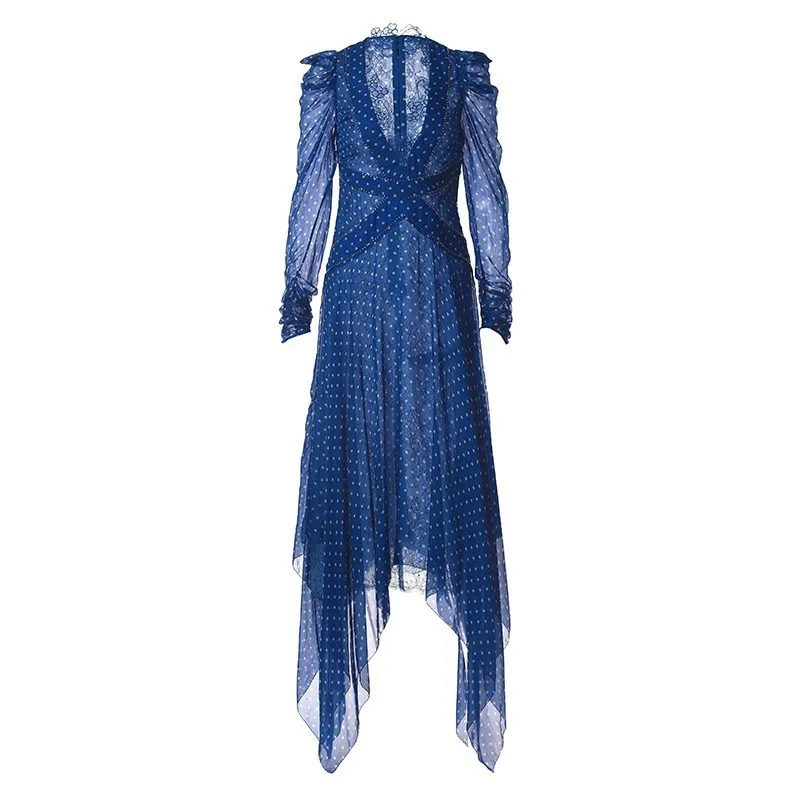 Женское кружевное платье TWOTWINSTYLE асимметричное макси в горошек с v образным