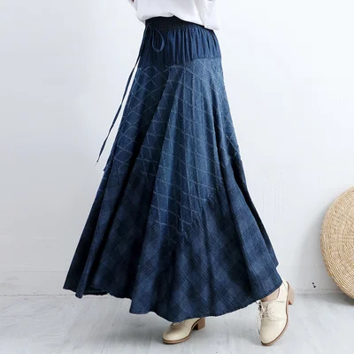 

Makuluya New High Quality Women's Vintage Ethnic Flower Pattern Printing Bohemian Diamond Polka Dot Denim Long Pleated Skirts L6