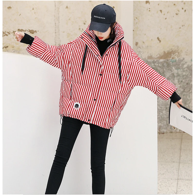 

2019 winter coat women striped short bread service new Korean version of loose thin section down jacket A302