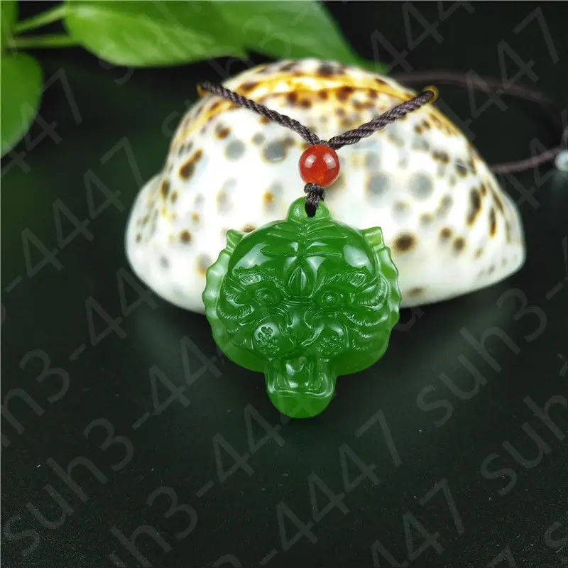 Красивые детали о зеленом Нефрите голова тигра кулон ожерелье ручной работы