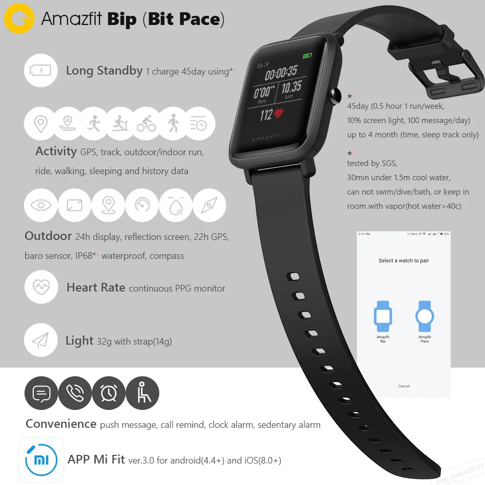 Смарт-часы Xiao mi Hua mi Amazfit Bip, Молодежные спортивные часы для мужчин и женщин, gps, iOS, водонепроницаемое измерение скорости, трекер сердечного ритма