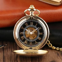 golden mechanical pocket watch shield design hand winding steampunk cool pendant pocket chain clock for men women as collectible
