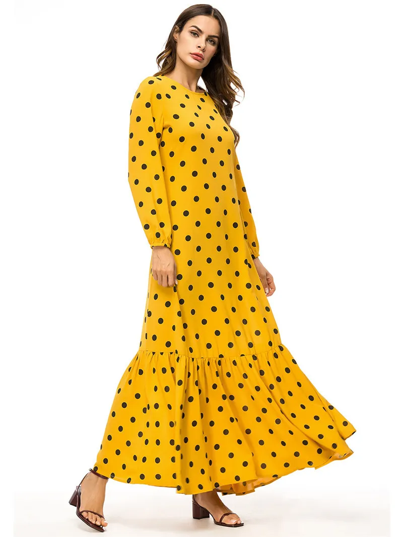 Abaya мусульманское платье макси Dot желтый одеяние мусульмане Longue ислам Дубаи мусульманский скромное платье