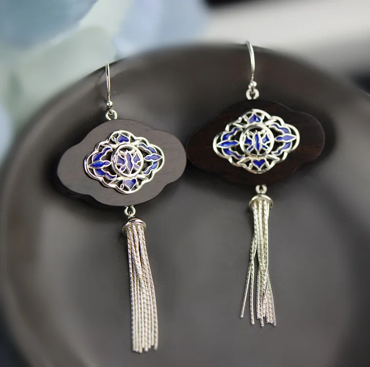 

2018 Sale Promotion Brinco S925 Inlaid Female Jiangnan Vintage Original Tassel Ebony Earrings Enamel Eardrop Process