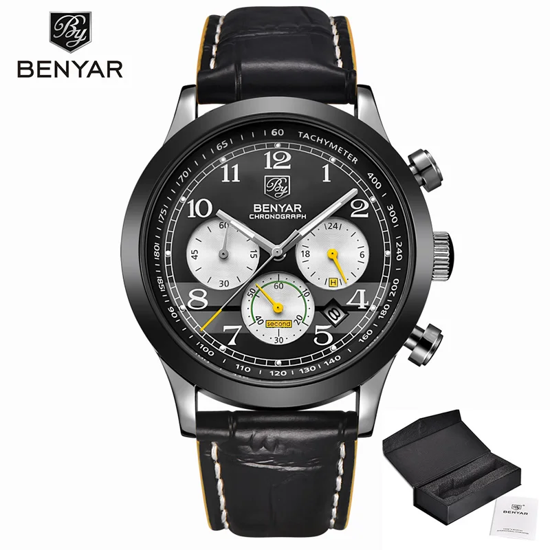 BENYAR Men Watches Quartz Chronograph Top Brand Luxury Watch Men Wristwatch Mens Military Waterproof Clock Men Relogio Masculino - Цвет: Black Yellow