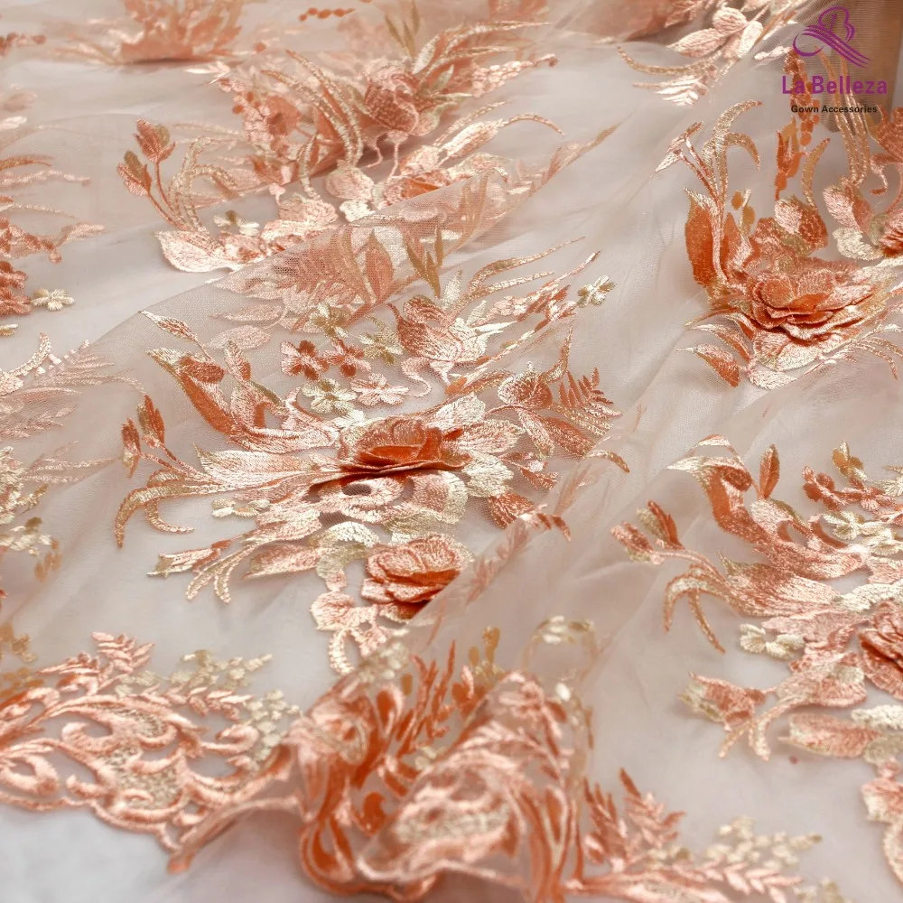 Кружевная ткань La Beauty нового дизайна оранжевая кружевная с 3D цветами розовая