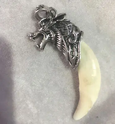 

Chinese Antique Boars Tooth Wild Silver Dragon protective talisman Pendant