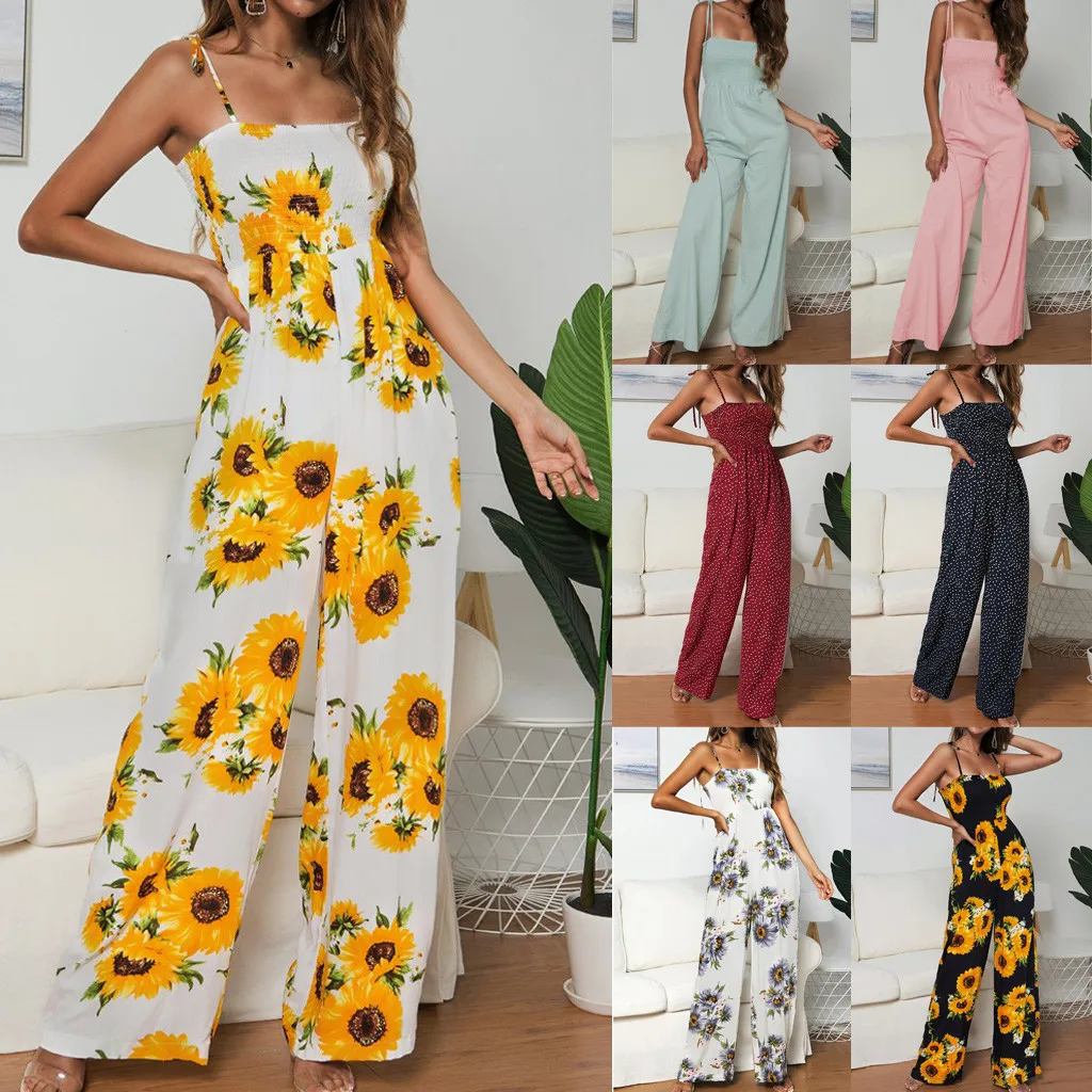 Женский комбинезон с принтом в горошек клубный без рукавов широкими штанами