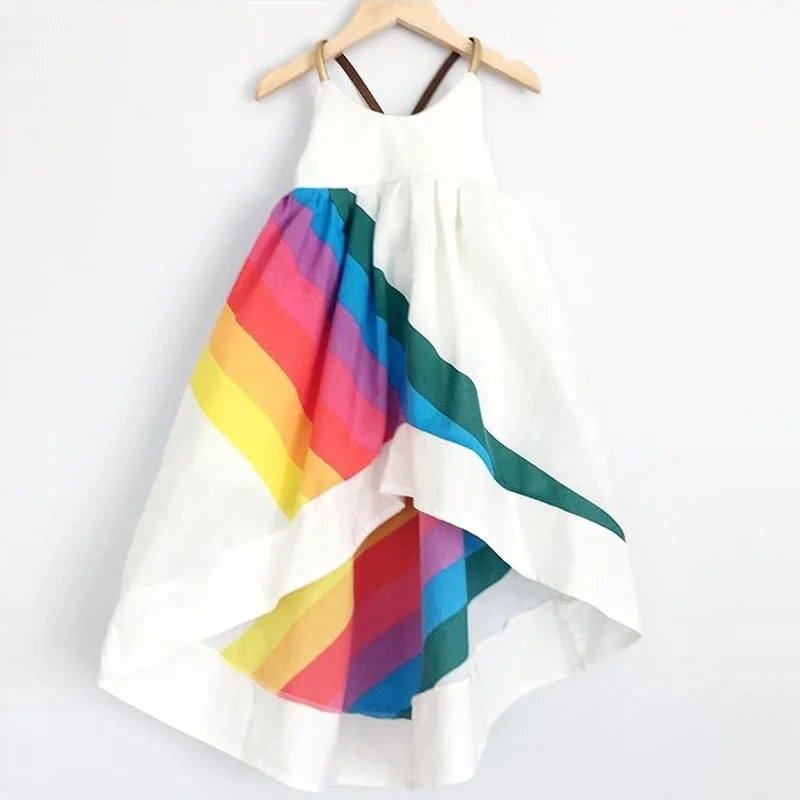 2020 New Girls Princess Dress Rainbow Printed Sling Children Clothes Fashion Baby Summer Party | Детская одежда и обувь
