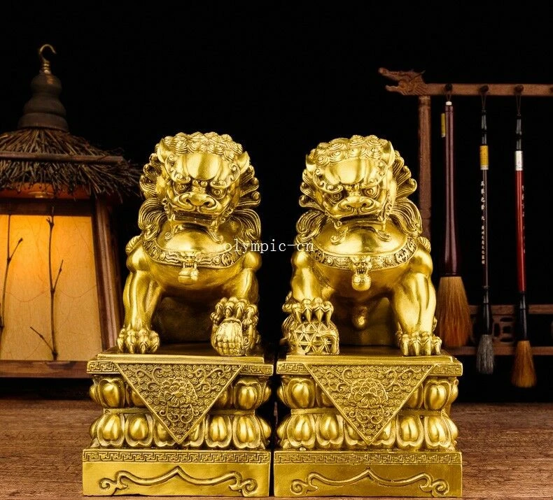 

Pair 10'' brass home fengshui auspicious beast treasure plutus foo dogs lion