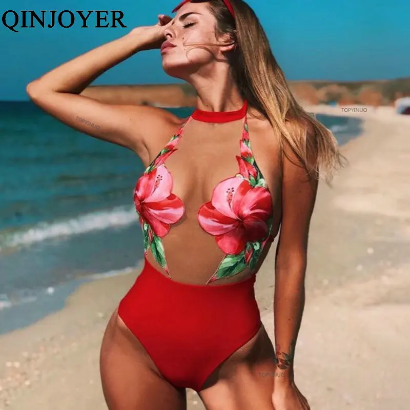 Женский слитный купальник QINJOYER монокини с высокой горловиной и цветочным
