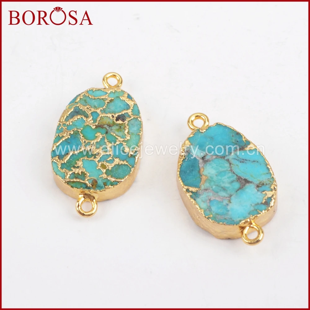 

BOROSA Oval Turquoises Gems Stones Connector Gold Color Blue Howlite Double Charms for Women Bracelets Necklace Jewelry G1323