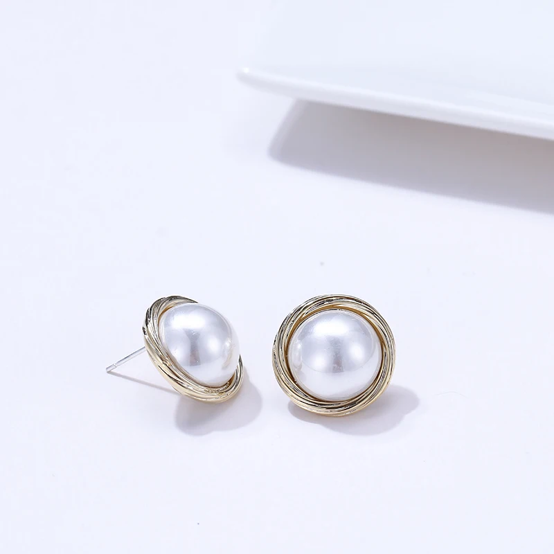 Yhpup Stylish Copper Round Geometric Stud Earrings Imitation Shell Pearls Vintage Oorbellen Female Party Jewelry S925 Brincos