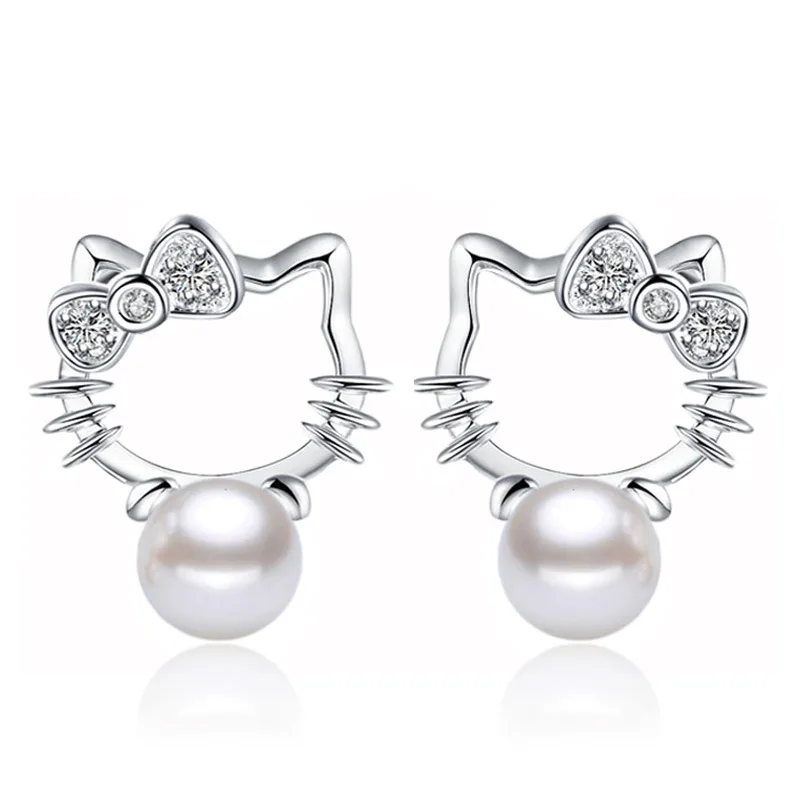 Free Shipping Fashion Crystal Bow Crown Cat Shape with White Pearl Stud Earrings For Women | Украшения и аксессуары