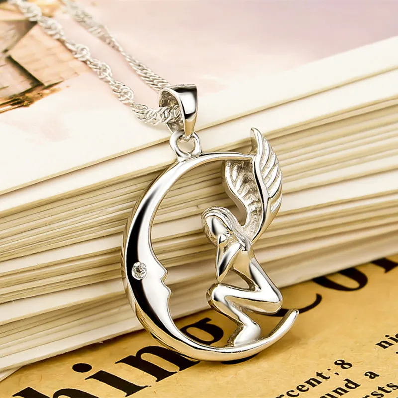 Женское ожерелье с подвеской в виде ангела и Луны из серебра 925 пробы | Украшения