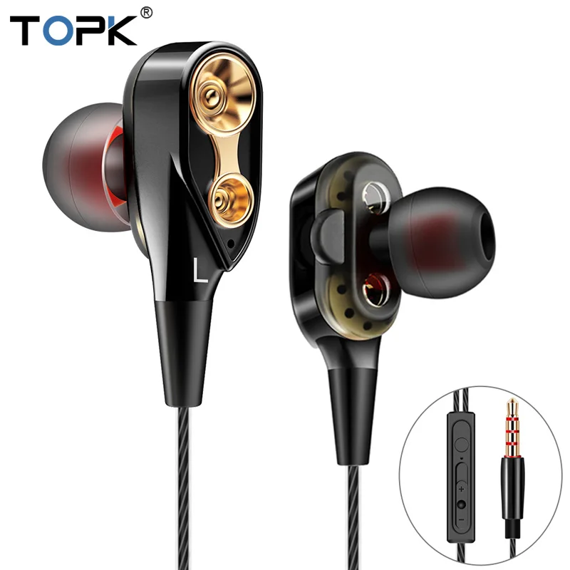 Черный Проводные наушники TOPK для телефона с двойным драйвером, Hi-Fi, стерео наушники-вкладыши, 3,5 мм, спортивные наушники для бега с микрофоном, наушники-вкладыши - Цвет: Черный