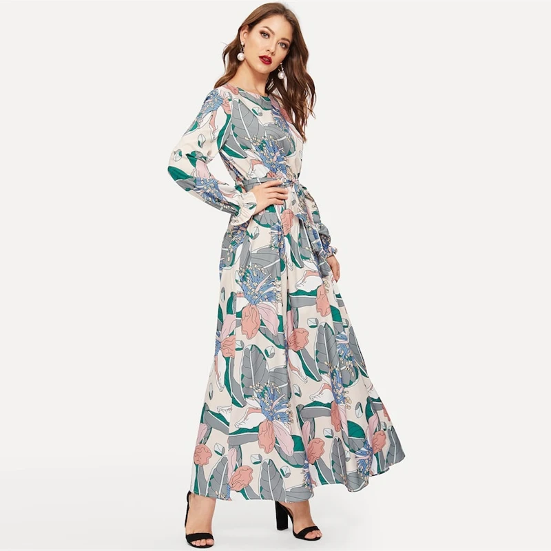 SHEIN Платье С Цветочным Принтом И Поясом Женское Весеннее Многоцветное Элегантное Платье С Длинными Рукавами
