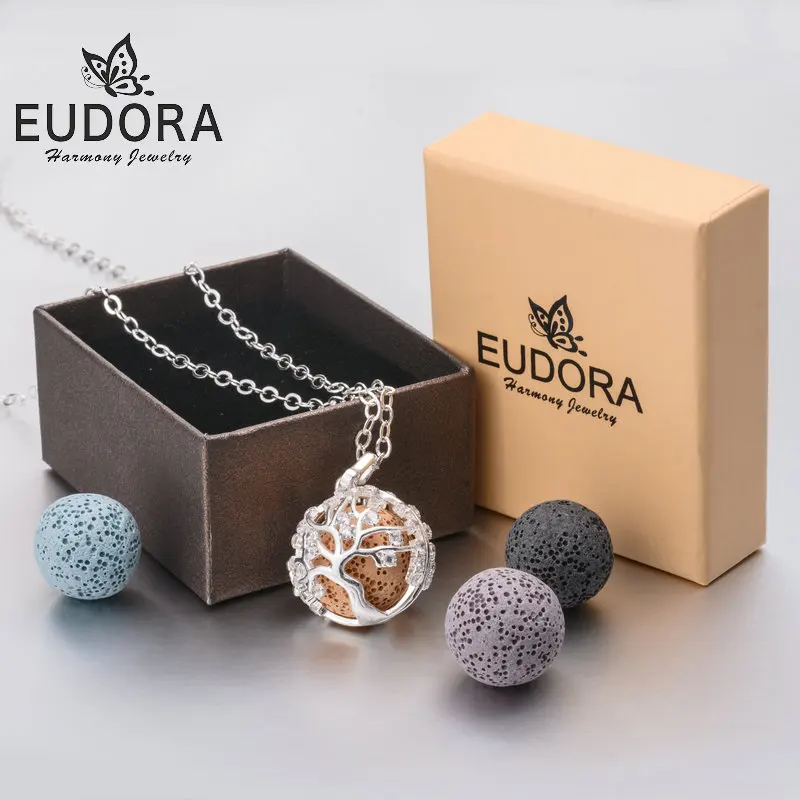 Ожерелье с подвеской из медного хрустального дерева EUDORA подходит 20 мм из вулканической лавы каменный шар для женщин прозрачный CZ медальон Подвески-клетки подарок на день рождения