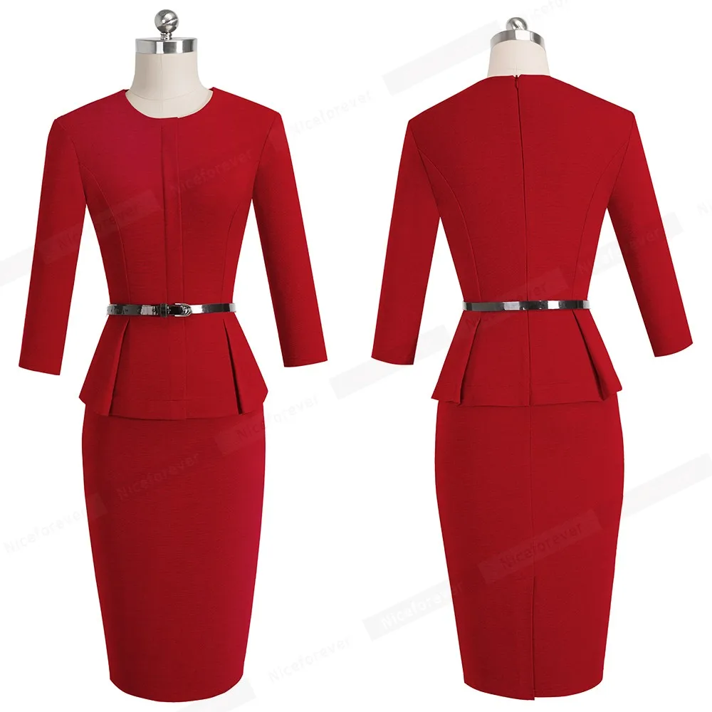 Хорошее-forever винтажное элегантное платье для работы с поясом и баской vestidos, деловые вечерние облегающие офисные женские платья B473