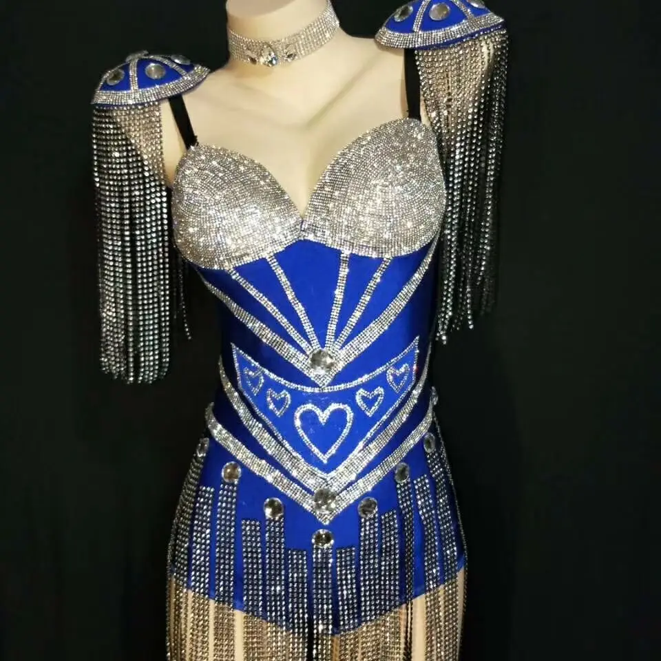 Hot Sale Sexy Women Bodysuit Glisten Rhinestones Stretch Silver Long Tassel Costume Birthday Dance Wear Luxurious Outfit