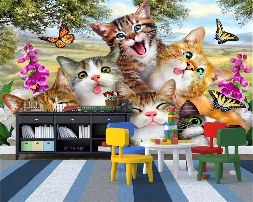 

beibehang Custom photo wallpaper 3D mural wallpaper cute cartoon grass cat self-portrait like children room background mural