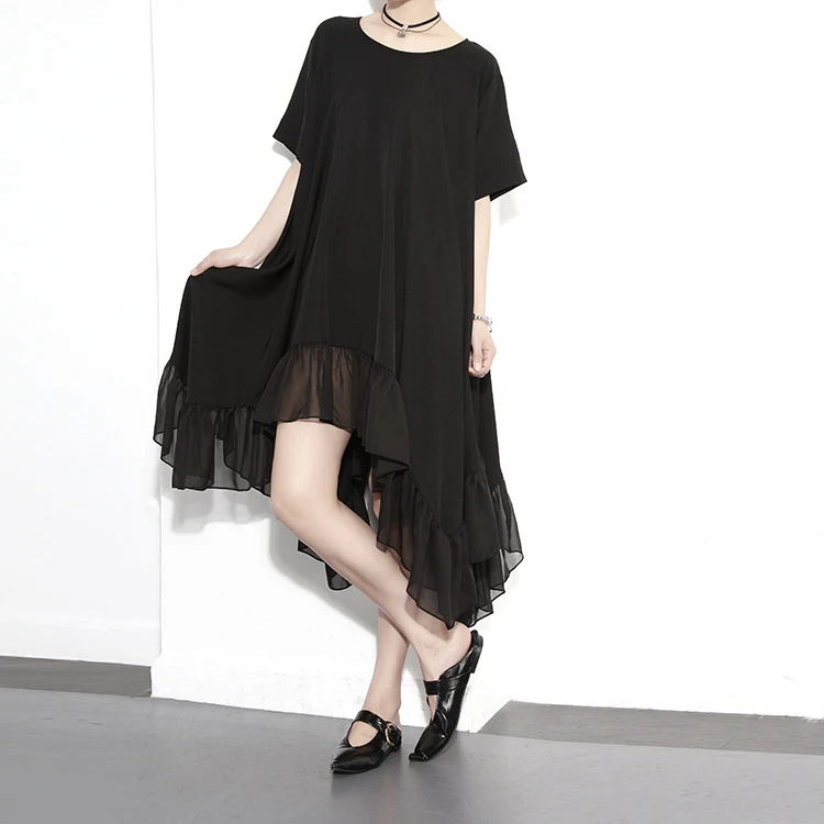 Платье женское шифоновое асимметричное модное свободное черное платье с принтом