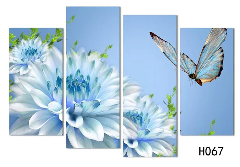 4 Panel Blue Chrysanthemum And Butterfly Flower Wall Art Canvas Painting Modern Picture For Living Room Decoration Home Decor | Дом и сад