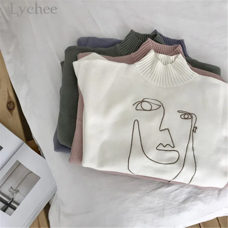 

Lychee Autumn Winter Geometric Face Embroidery Women Sweater Mock Neck Long Sleeve Soft Split Pullover Sweater Female
