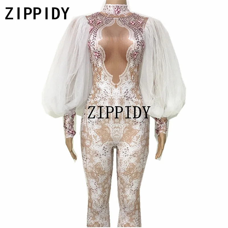 White Lace Sleeves Pink Rhinestones Jumpsuit Big Crystals Printed Bodysuit Women's Birthday Celebrate Female Singer Stage Wear | Женская