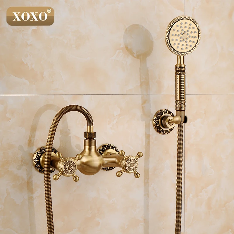 Bathroom Bath Wall Mounted Hand Held Antique Brass Shower Head Kit Faucet Sets 50027B | Faucets