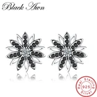 Женские серьги-гвоздики с цветком BLACK AWN, ювелирные изделия из настоящего серебра 925 пробы с черным шпинелью, для помолвки, T119