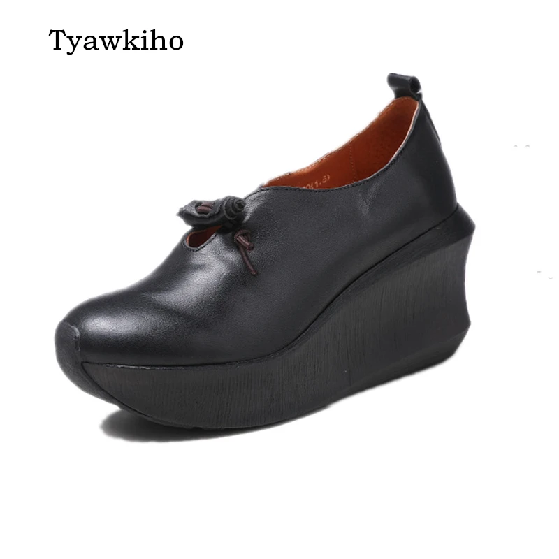Tyawkiho/женские туфли-лодочки из натуральной кожи; Цвет Черный; обувь без застежки; коллекция года; сезон весна; брендовые кожаные туфли-лодочки ручной работы на высоком каблуке 8 см в стиле ретро