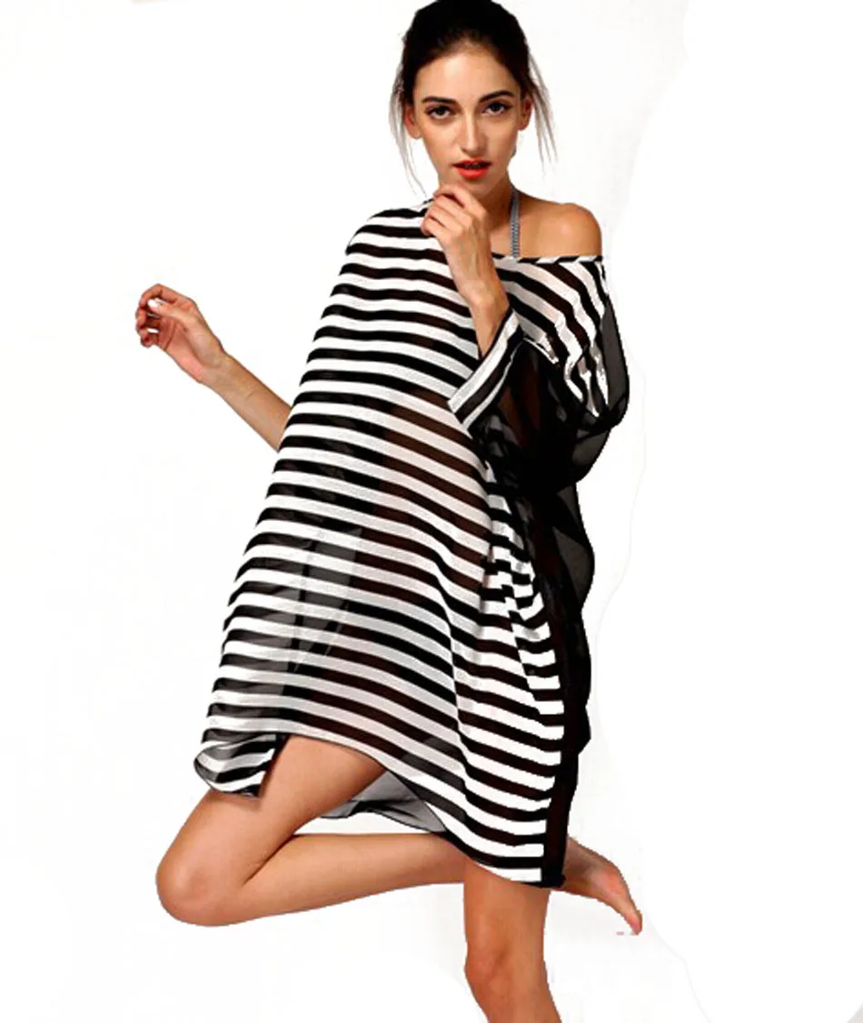 2018 Women's Outerwear Gauze Sarong Sexy Beach Cover up Beachwear Bikini Striped Blouse Black Patchwork Exterior |