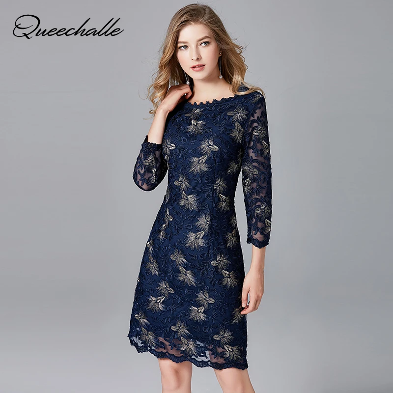 Queechalle/осеннее платье для женщин размера плюс, элегантное кружевное платье с цветочной вышивкой, синее открытое облегающее платье, вечерние платья