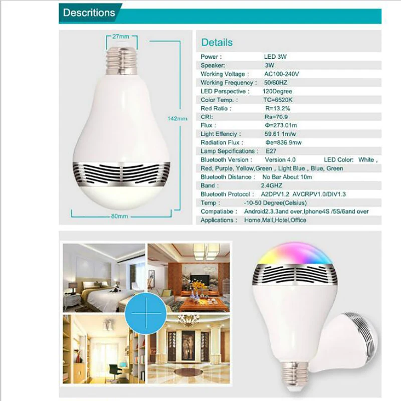Умная светодиодная лампочка Bluetooth динамик LED RGB свет E27 база беспроводной