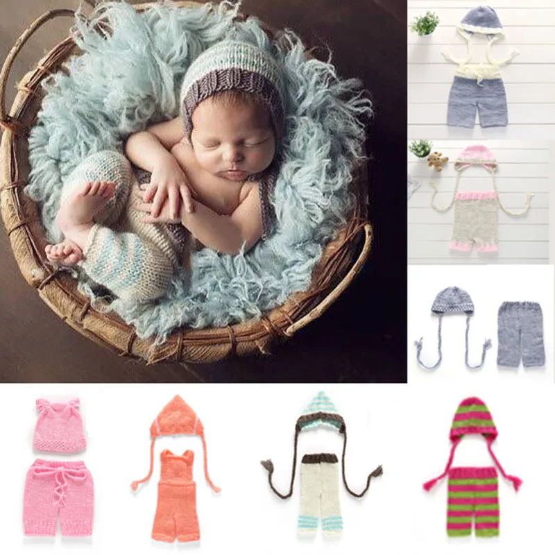 Newborn photography clothing sets soft kntted hat + pants 2pcs outfit baby bot girl photo props costumes crochet clothes