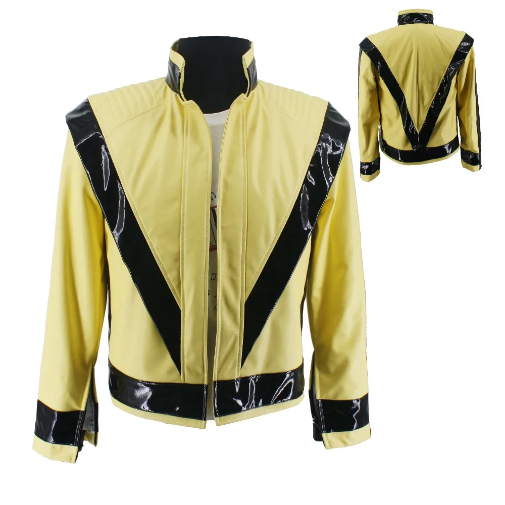 WOW Rare MJ Michael Jackson Thriller Night Light Yellow Open PU Classic Cosplay Jacket On Concert Perfromance