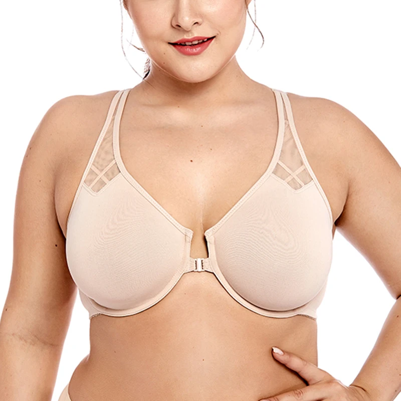 Comfortable Seamless Font Closure Bra Women's Full Coverage Non-padded Underwire Plus Size Racerback Unlined Bra 36 38 40 42 E F
