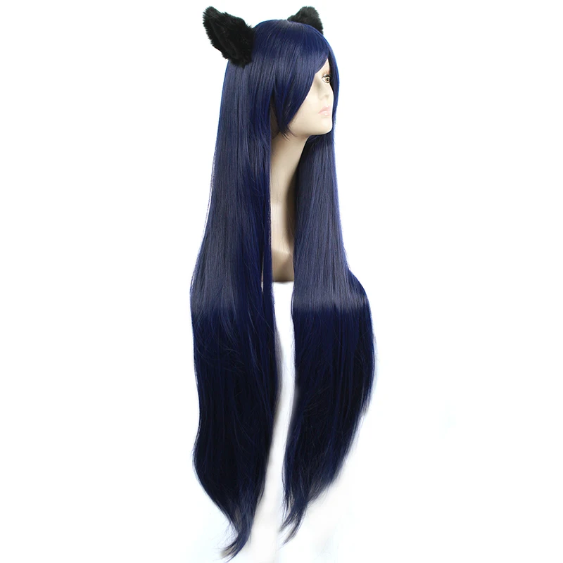 L-email wig Game LOL Cosplay Wigs Ahri Character 100cm Dark Blue wig with Ears Heat Resistant Synthetic Hair Perucas Cosplay Wig