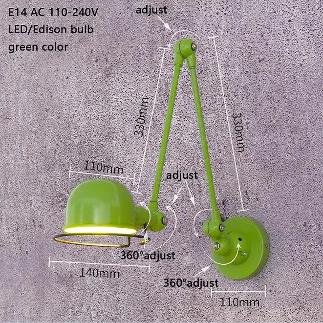 W12146L green Классический скандинавский Лофт промышленный стиль регулируемый jielde настенный светильник винтажное бра настенный светильник светодиодный для гостиной спальни ванной комнаты - Цвет абажура: W12146L green