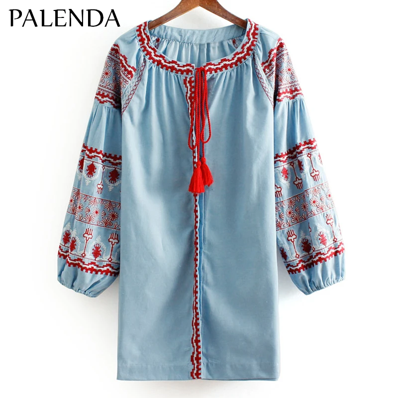 Бохо Вышивка Блузка цветок в богемном стиле длинные блузки из хлопка с круглым