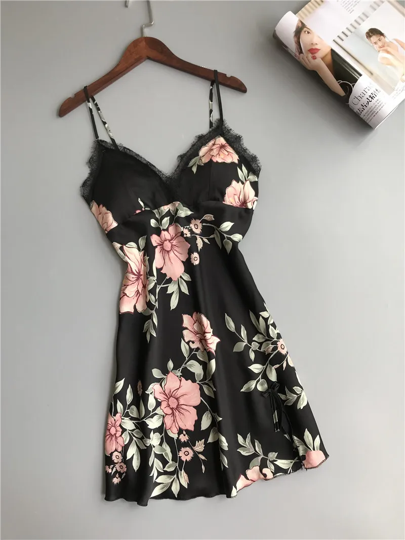 Женская шелковая ночная рубашка с V-образным вырезом и цветочным принтом | одежда