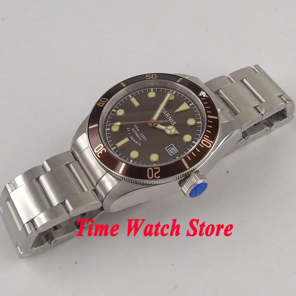 Мужские светящиеся часы PARNIS Miyota 21jewels 10ATM с коричневым циферблатом и