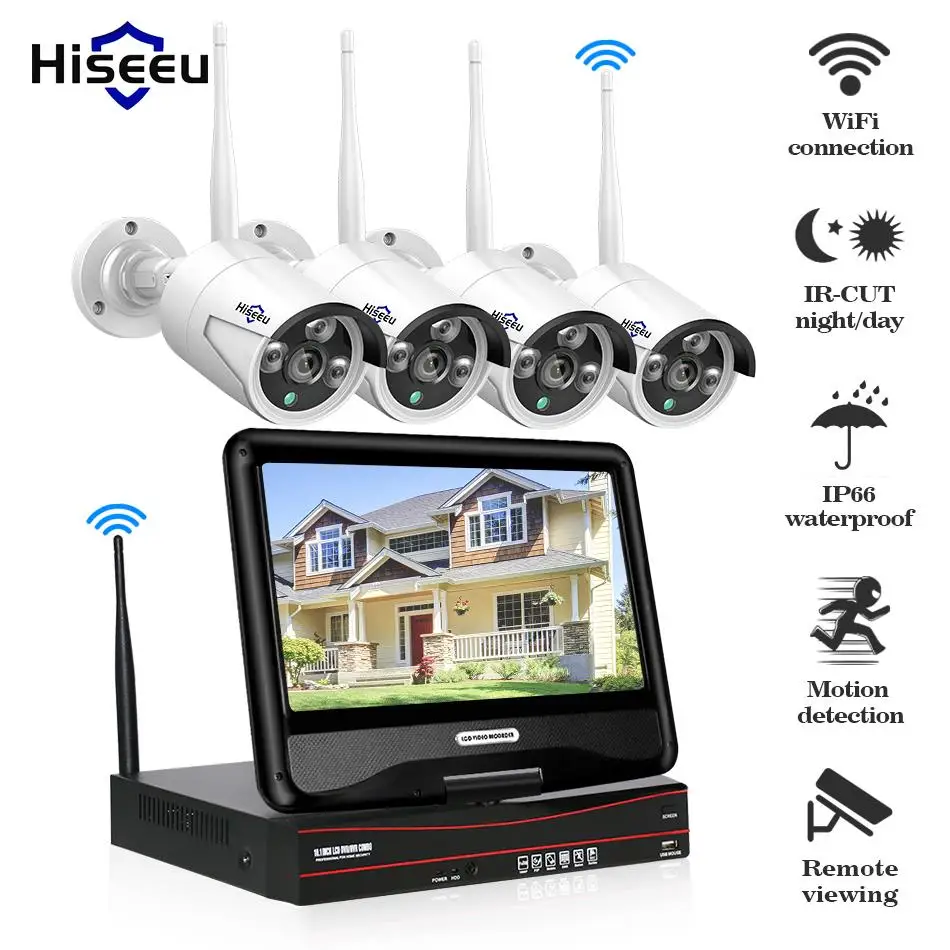 Hiseeu 10 дюймов Displayer 4CH 960 P Беспроводной CCTV Системы NVR IP Камера водонепроницаемый
