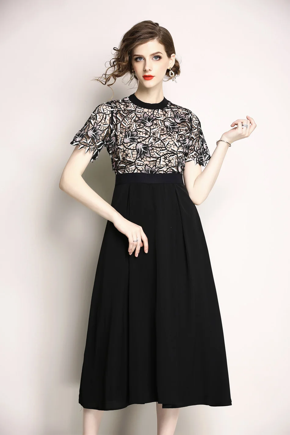 H Han queen, женское летнее подиумное кружевное вечернее платье, vestidos, высококачественное, для девушек, с круглым вырезом, модное, женское, тонкое, черное платье