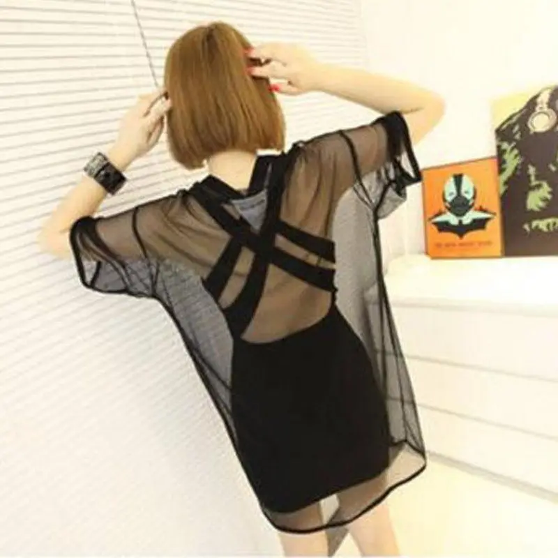 Женская летняя блузка Пляжная накидка прозрачная сетчатая короткий рукав