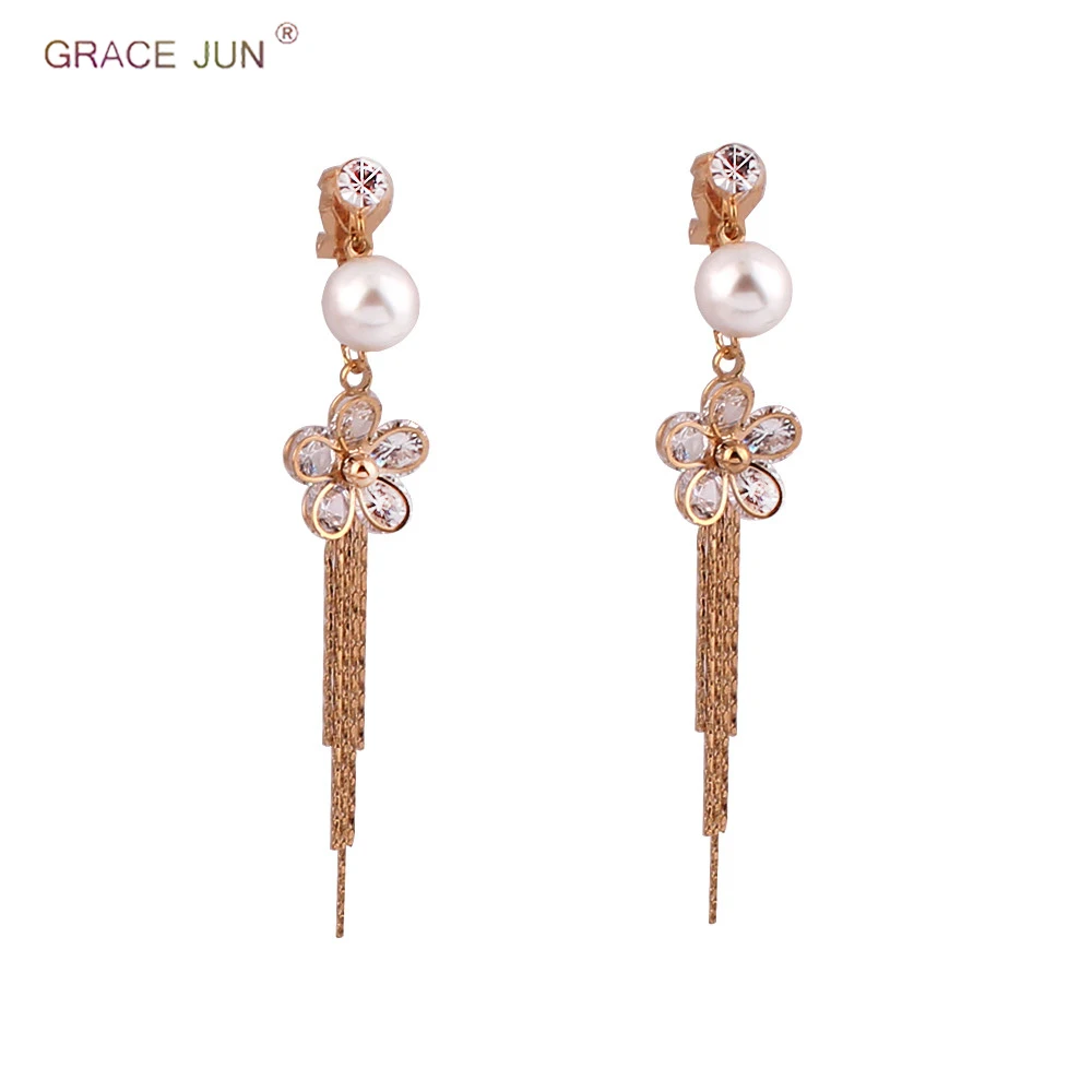 

GRACE JUN High-grade Rhinestone Pearl Clip on Earrings No Pierced for Women Fashion Tassel Brincos Long Drop Pierced Earrings