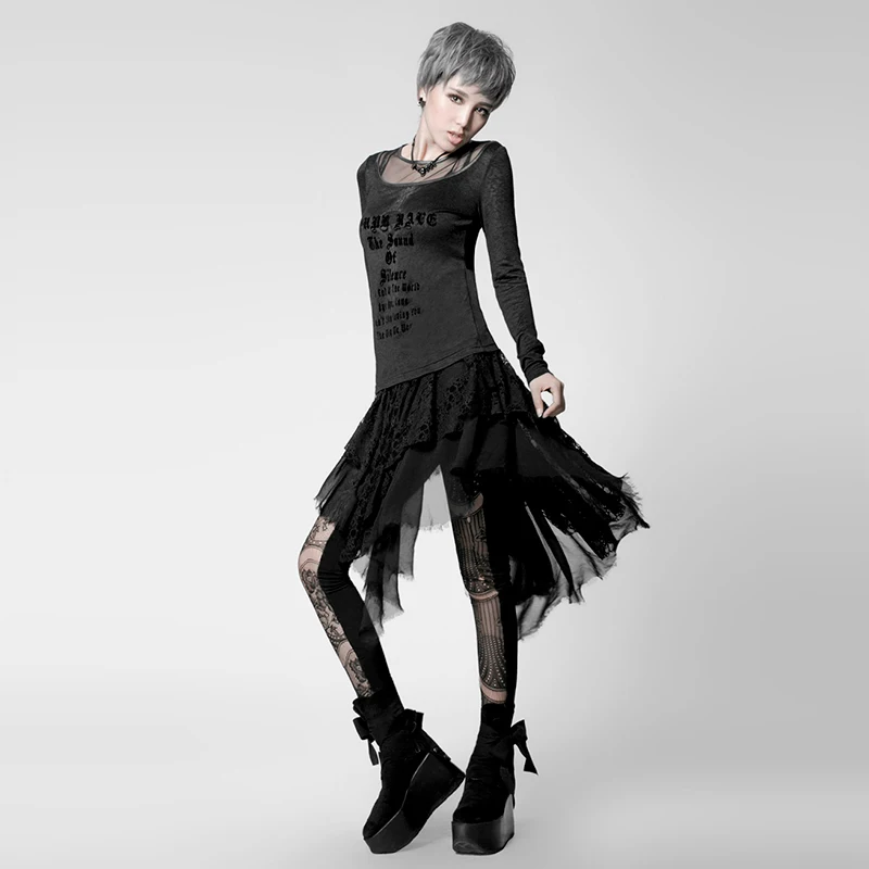 PUNK RAVE Gothic Punk Style Long Sleeve Tees Black Cross Knitted Full Color Printed Women T-Shirt | Женская одежда