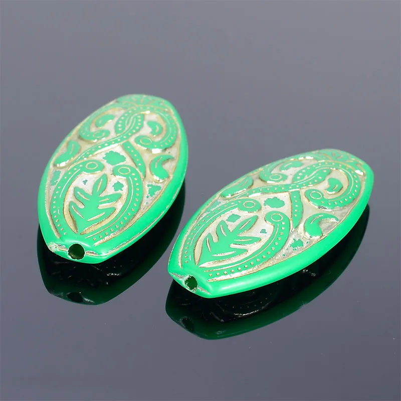 Green with Gold Miasol 30 шт золотистого металла, узорчатые полоски, Плоские Овальные акриловые бусины Античного Дизайна для женщин, сделай сам, изготовление ювелирных изделий - Цвет: Green with Gold