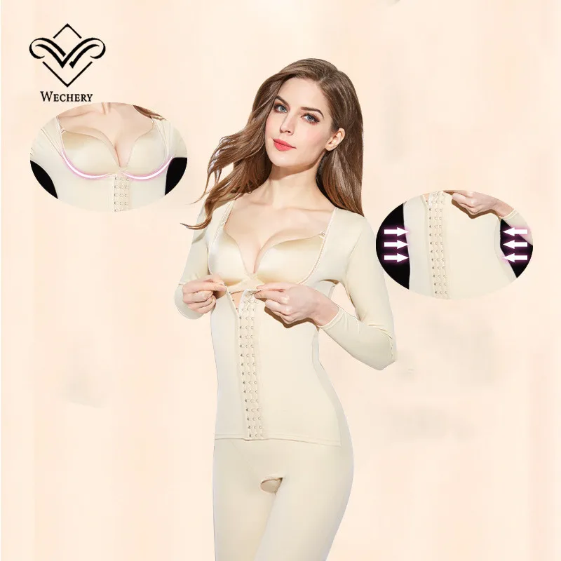 Wechery Shaper женское корректирующее белье глаза и крючок для похудения боди Полная длина с длинным рукавом для тела Shaper открытая промежность